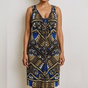 London Times Petites Geometric Print Sleeveless Dress Size 10P – Blue Gold Black